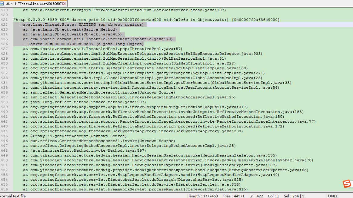 图1： thread dump中大量的WAITING (on object monitor)